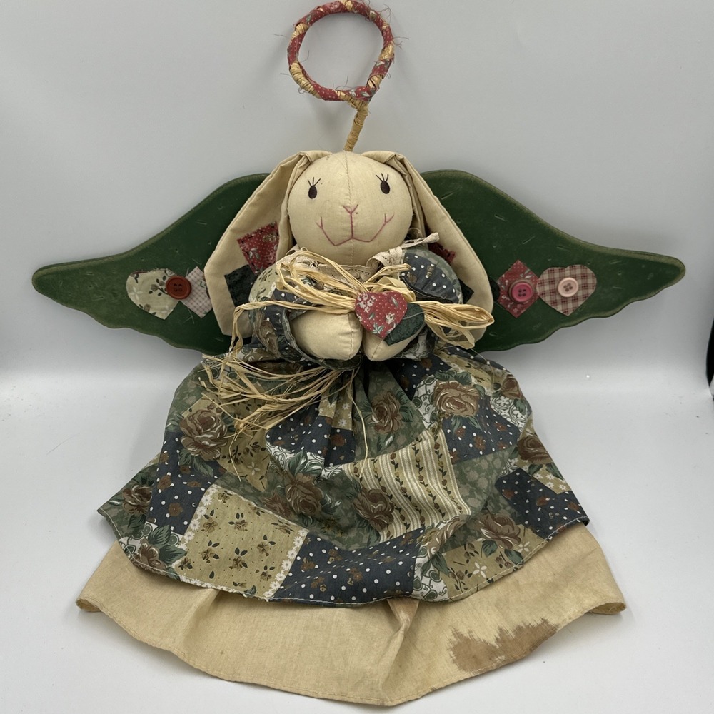 Primitive Angel BUNNY RABBIT Cloth Doll Wooden Wings Country Cottage Wall Hang